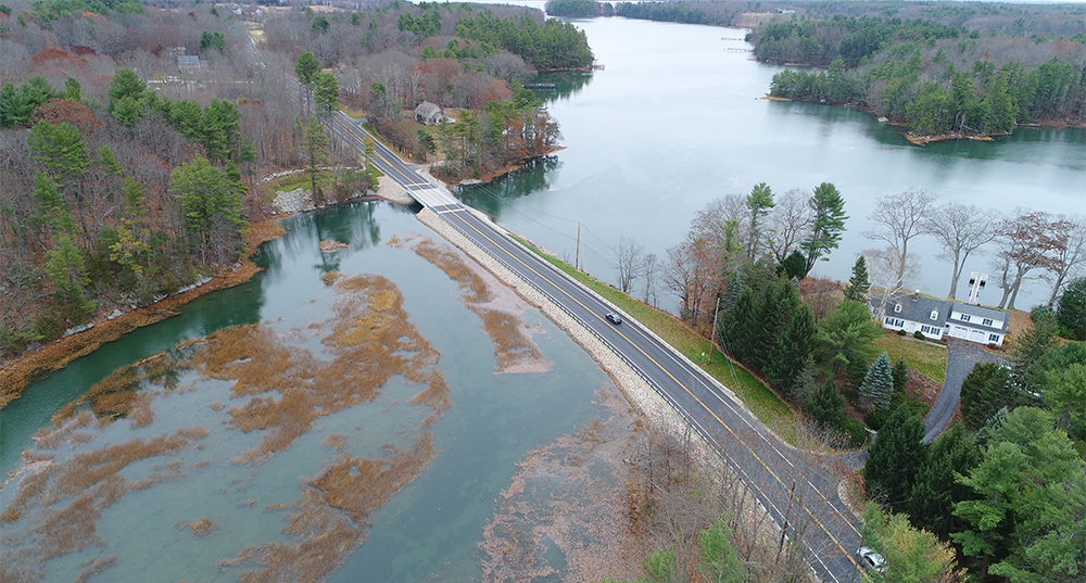 Drone footage from above the new bridge over Bunker Creek in Durham