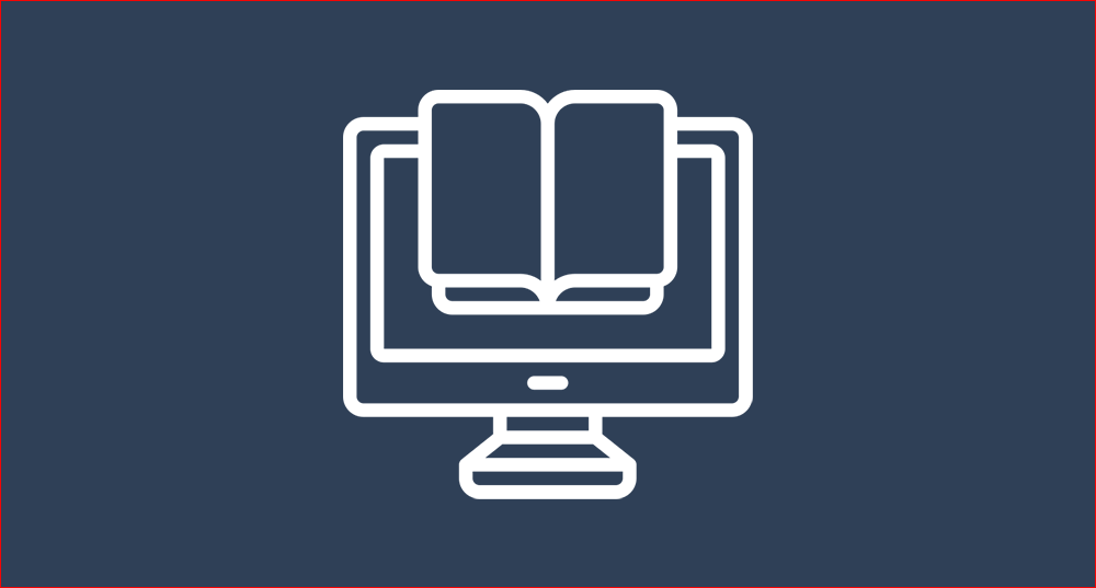 Graphic of a computer with a book icon coming out of the screen