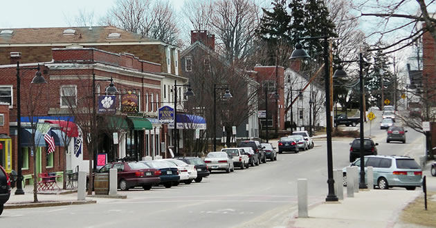 Downtown Durham NH with shops on the main street