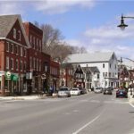 Downtown Newmarket NH with shop along the main street