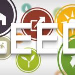 LEED program letters and colorful icons with sustainability symbols