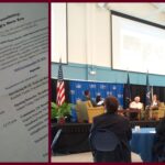 Photo from the UNH Broadband meeting with speakers on stage and a picture of the agenda