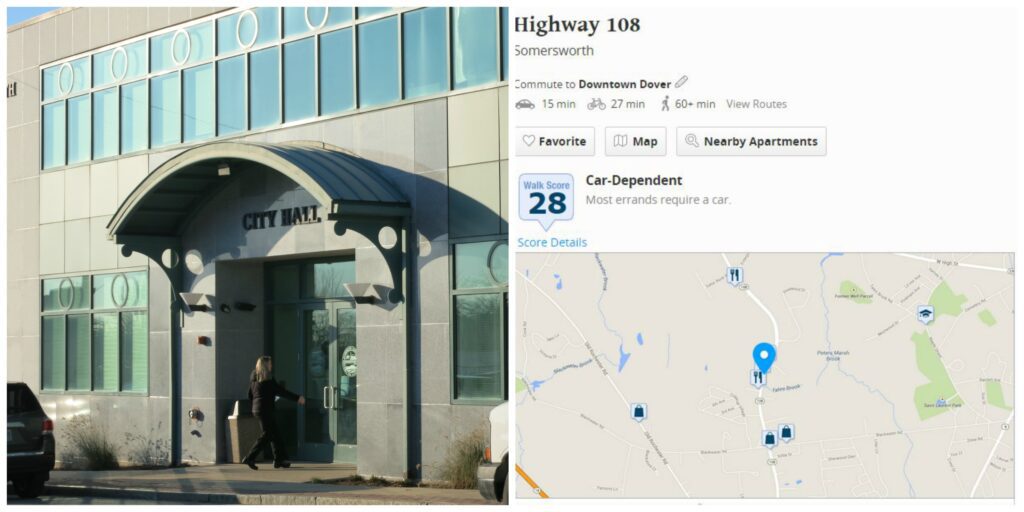 Stitch of Somersworth City Hall and a screenshot from Somersworth's Walk Score profile