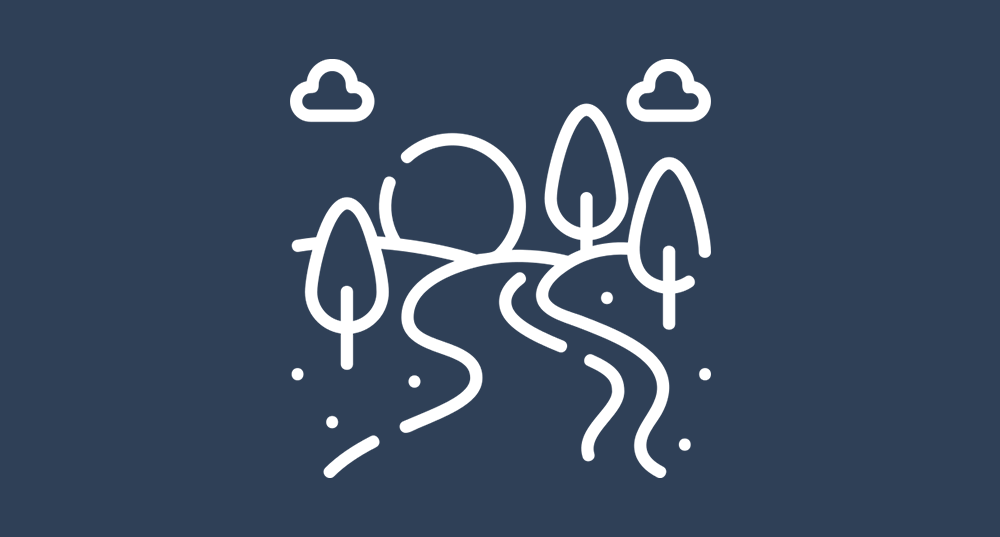 Graphics of a river flowing through a landscape with trees