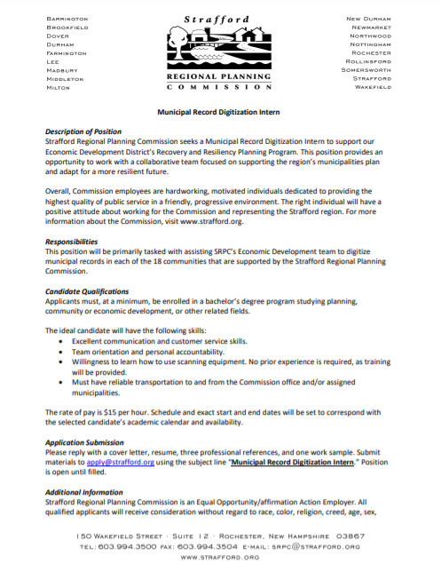 Screenshot of the first page of the Record Digitization Intern posting