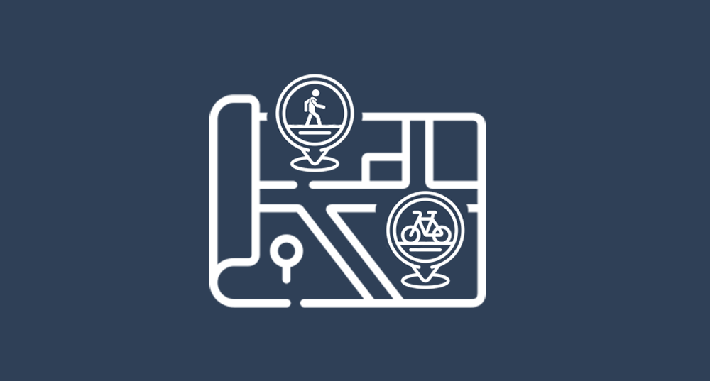 Graphics of a map with two location points, one with a bicyclist and one with a person walking