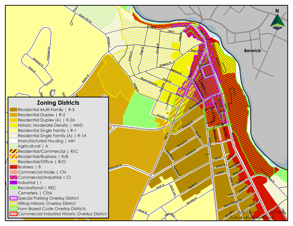 Downtown-detail zoning map of Somersworth, spring 2024. 