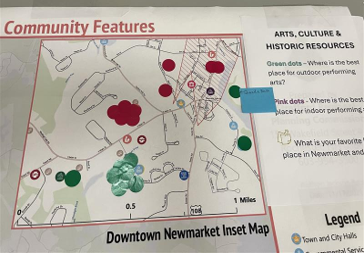 A map with sticker dots showing public input from workshop participants